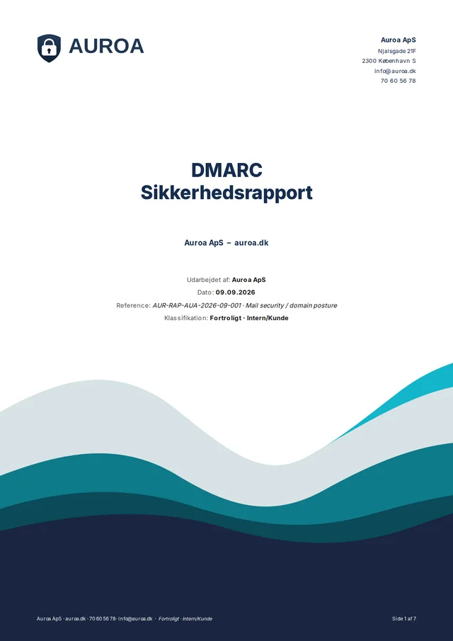 Forside: DMARC Sikkerhedsrapport for auroa.dk med reference og klassifikation